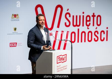 Gdansk, Pologne. 31 août 2023. Le maire de Varsovie Rafal Trzaskowski vu lors de la réunion du mouvement gouvernemental local "Oui pour la Pologne" au Centre européen de solidarité à Gdansk. Crédit : SOPA Images Limited/Alamy Live News Banque D'Images