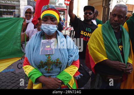 Rome, Italie. 31 août 2023. Des militants protestent contre le génocide en cours dans la région d'Amhara en Ethiopie, Rome, Italie, le 31 2023 août. Les militants dénoncent les massacres de gens Amhara, y compris des enfants et des familles entières. (Photo Elisa Gestri/Sipa USA) crédit : SIPA USA/Alamy Live News Banque D'Images