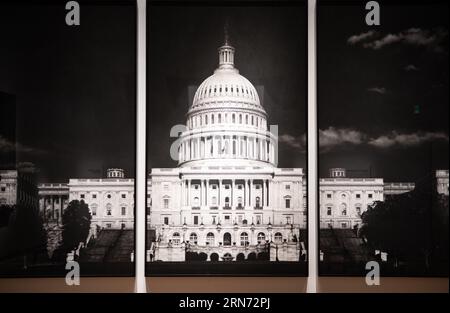 WASHINGTON DC, États-Unis — Un dessin grand format au fusain sur papier intitulé « The Whale (United States Capitol) » par l'artiste américain Robert Longo exposé dans l'aile est de la National Gallery of Art. Cette œuvre saisissante représente le Capitole des États-Unis dans les moindres détails, mettant en valeur les compétences de Longo dans la création d'images monochromes puissantes qui abordent des thèmes politiques. Banque D'Images