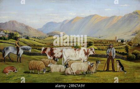 Vue de Troutbeck avec les vaches laitières Shorthorn, et Cheviot et Swaledale moutons, figures et chiens entre 1861 et 1914 par William Taylor Longmire Banque D'Images