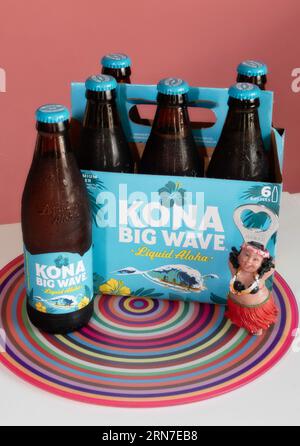 Nature morte d'une bouteille et six paquets de bière Kona Big Wave, 2023, États-Unis Banque D'Images