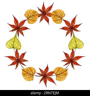 Couronne de feuilles d'automne, cadre rond, illustration d'aquarelle dessinée à la main. Modèle pour logo, bannière, carte de voeux, invitation. Banque D'Images