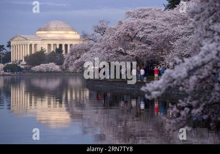 (150921) -- WASHINGTON D.C. -- une photo prise le 10 avril 2015 montre des touristes qui regardent des cerisiers en fleurs à Washington D.C., capitale des États-Unis. Nommé en l'honneur du premier président américain George Washington, Washington DC ou Washington District of Columbia est la capitale des États-Unis qui est située entre les États du Maryland et de Virginie. La Constitution des États-Unis prévoyait un district fédéral sous la juridiction exclusive du Congrès et le district ne faisait donc partie d'aucun État des États-Unis. Washington D.C. a une population estimée à 660 000 habitants. Washington D.C. et Beiji Banque D'Images