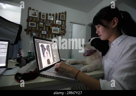 (150925) -- NANTONG, 25 septembre 2015 -- Zong Wenqi, fondatrice de Xiaoha PET Photography Studio, édite des photos alors que son animal Harry garde sa compagnie au Xiaoha PET Photography Studio à Nantong, dans la province de Jiangsu, dans l'est de la Chine, le 17 septembre 2015. Zong Wenqi et ni Jiangling, tous deux nés après 1990, étaient camarades de classe au Nantong Normal College. Tous les deux aiment les animaux et la photographie. Zong Wenqi a même voulu être une photographe professionnelle pour animaux de compagnie car elle a obtenu une confiance dans l'enregistrement de son chien Harry par la photographie. Lorsque les deux filles ont dû faire un choix lors de l'obtention de leur diplôme, elles ont décidé d'ouvrir une photographie d'animaux de compagnie Banque D'Images