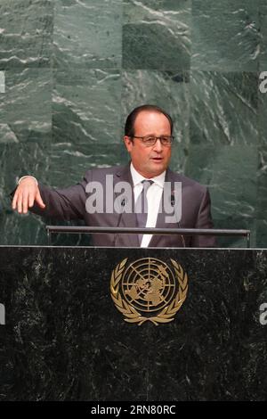 (150928) -- NEW YORK, 28 septembre 2015 -- le président français François Hollande prend la parole à la 70e session de l'Assemblée générale des Nations Unies, au siège des Nations Unies à New York, aux États-Unis, le 28 septembre 2015. Le débat général de la 70e session de l'Assemblée générale des Nations Unies a débuté lundi dans la salle de l'Assemblée générale du siège de l'ONU à New York. ) Un-NEW YORK-DÉBAT GÉNÉRAL LixMuzi PUBLICATIONxNOTxINxCHN New York sept 28 2015 le Président français François Hollande prend la parole À la 70e session de l'Assemblée générale des Nations Unies AUX Nations Unies H Banque D'Images