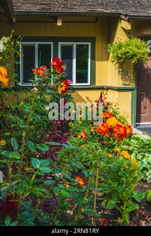 Entrée à une maison à travers un beau jardin avec des fleurs colorées. Plantes et fleurs dans des pots sur une porte menant à l'entrée d'une maison. Avant du Banque D'Images