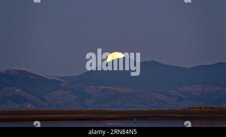 Une lune super bleue se lève sur les collines de Nelson en Nouvelle-Zélande. Il est pris de Motueka donnant sur la baie de Tasman. Le nom inverse pas à son colou Banque D'Images