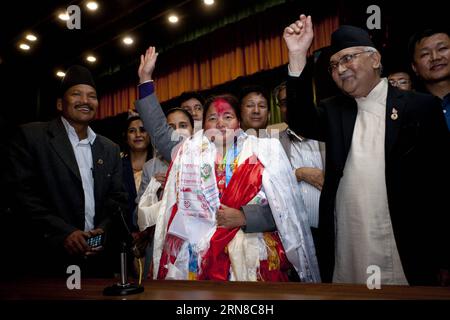 The newly-elected Speaker of Nepal s Parliament Onsari Gharti Magar (C, front) waves after the election at parliament house, Kathmandu, Nepal, Oct. 16, 2015. Onsari Gharti Magar has been unanimously elected as the speaker of Nepal s Parliament on Friday evening. She became the first female speaker in the parliamentary history of the Himalayan country. ) NEPAL-KATHMANDU-PARLIAMENT-NEW SPEAKER PratapxThapa PUBLICATIONxNOTxINxCHN   The newly Elected Speaker of Nepal S Parliament   Magar C Front Waves After The ELECTION AT Parliament House Kathmandu Nepal OCT 16 2015   Magar has been unanimously E Stock Photo