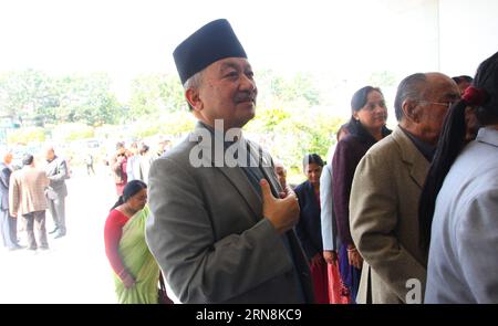 (151028) -- KATHMANDU, Oct. 28, 2015 -- Former Speaker of the Parliament Subash Chandra Nembang (C) arrives to vote during the Presidential election in Kathmandu, Nepal, Oct. 28, 2015. Nepal s first presidential election after the promulgation of new constitution began on Wednesday morning. CPN UML Vice-chairwoman Bidhya Devi Bhandari and Nepali Congress leader Kul Bahadur Gurung are in the fray for the post of second President of the federal democratic republic Nepal. ) NEPAL-KATHMANDU-PRESIDENTIAL ELECTION SunilxSharma PUBLICATIONxNOTxINxCHN   Kathmandu OCT 28 2015 Former Speaker of The Parl Stock Photo