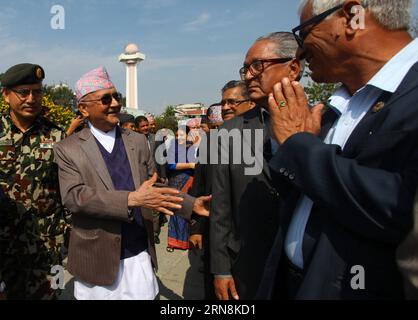 (151028) -- KATHMANDU, Oct. 28, 2015 -- Prime Minister KP Sharma Oli (2nd L) arrives to vote during the Presidential election in Kathmandu, Nepal, Oct. 28, 2015. Nepal s first presidential election after the promulgation of new constitution began on Wednesday morning. CPN UML Vice-chairwoman Bidhya Devi Bhandari and Nepali Congress leader Kul Bahadur Gurung are in the fray for the post of second President of the federal democratic republic Nepal. ) NEPAL-KATHMANDU-PRESIDENTIAL ELECTION SunilxSharma PUBLICATIONxNOTxINxCHN   Kathmandu OCT 28 2015 Prime Ministers KP Sharma Oli 2nd l arrives to VO Stock Photo