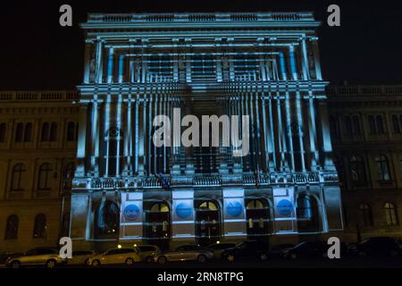 (151105) -- BUDAPEST, Nov. 5, 2015 -- A video mapping work is projected on the facade of the Hungarian Academy of Sciences during a building projection mapping competition as a side event of the 7th World Science Forum in Budapest, Hungary on Nov. 5, 2015. ) HUNGARY-BUDAPEST-BUILDING-PROJECTION MAPPING AttilaxVolgyi PUBLICATIONxNOTxINxCHN   Budapest Nov 5 2015 a Video Mapping Work IS projected ON The facade of The Hungarian Academy of Sciences during a Building Projection Mapping Competition As a Side Event of The 7th World Science Forum in Budapest Hungary ON Nov 5 2015 Hungary Budapest Build Stock Photo