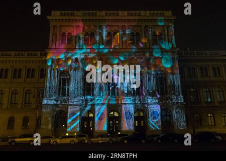 (151105) -- BUDAPEST, Nov. 5, 2015 -- A video mapping work is projected on the facade of the Hungarian Academy of Sciences during a building projection mapping competition as a side event of the 7th World Science Forum in Budapest, Hungary on Nov. 5, 2015. ) HUNGARY-BUDAPEST-BUILDING-PROJECTION MAPPING AttilaxVolgyi PUBLICATIONxNOTxINxCHN   Budapest Nov 5 2015 a Video Mapping Work IS projected ON The facade of The Hungarian Academy of Sciences during a Building Projection Mapping Competition As a Side Event of The 7th World Science Forum in Budapest Hungary ON Nov 5 2015 Hungary Budapest Build Stock Photo