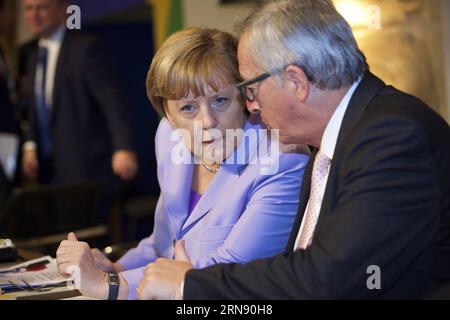 (151112) -- VALLETTA, Nov. 12, 2015 -- German Chancellor Angela Merkel (L) speaks with President of the European Commission Jean-Claude Juncker before an informal meeting of EU Heads of State or Government on immigration in Valletta, Malta, on Nov. 12, 2015. ) MALTA-VALLETTA-EU-INFORMAL SUMMIT-IMMIGRATION JinxYu PUBLICATIONxNOTxINxCHN   Valletta Nov 12 2015 German Chancellor Angela Merkel l Speaks With President of The European Commission Jean Claude Juncker Before to Informal Meeting of EU Heads of State or Government ON Immigration in Valletta Malta ON Nov 12 2015 Malta Valletta EU Informal Stock Photo