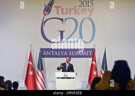 ANTALYA, le président américain Barack Obama s’adresse à une conférence de presse à l’issue du sommet du G20 à Antalya, en Turquie, le 16 novembre 2015. Barack Obama a déclaré ici lundi que Washington partageait des renseignements et des informations plus rapidement avec la France à la suite des attaques terroristes de Paris, mais il a refusé d'engager plus de troupes américaines pour combattre le groupe État islamique (EI). TURQUIE-ANTALYA-G20-OBAMA HexCanling PUBLICATIONxNOTxINxCHN Antalya U S Président Barack Obama s'adresse à une conférence de presse À la conclusion du sommet du G20 à Antalya Turquie LE 16 2015 novembre Barack Obama a déclaré ici lundi Banque D'Images