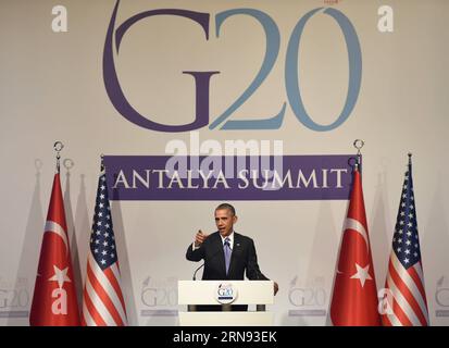 ANTALYA, le président américain Barack Obama s’adresse à une conférence de presse à l’issue du sommet du G20 à Antalya, en Turquie, le 16 novembre 2015. Barack Obama a déclaré ici lundi que Washington partageait des renseignements et des informations plus rapidement avec la France à la suite des attaques terroristes de Paris, mais il a refusé d'engager plus de troupes américaines pour combattre le groupe État islamique (EI). TURQUIE-ANTALYA-G20-OBAMA HexCanling PUBLICATIONxNOTxINxCHN Antalya U S Président Barack Obama s'adresse à une conférence de presse À la conclusion du sommet du G20 à Antalya Turquie LE 16 2015 novembre Barack Obama a déclaré ici lundi Banque D'Images