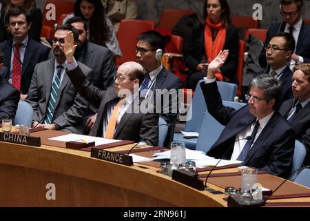 Sitzung des UN-Sicherheitsrats zum Kampf gegen ISIS (151120) -- NEW YORK, Nov. 20, 2015 -- Liu Jieyi (L-Front), China s permanent representative to the United Nations, and Francois Delattre (R-Front), permanent representative of France to the UN, vote in favor of a resolution calling on all countries to coordinate efforts to prevent further terrorist attacks by the Islamic State (IS) and similar groups, at the UN headquarters in New York, Nov. 20, 2015. ) UN-SECURITY COUNCIL-COUNTERTERRORISM-IS LixMuzi PUBLICATIONxNOTxINxCHN   Meeting the UN Security Council to Fight against ISIS 151120 New Yo Stock Photo