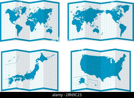 Ensemble d'illustrations vectorielles de cartes à quatre volets (carte du monde, Japon, USA) Illustration de Vecteur