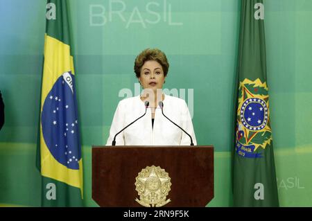 Brasilien - Amtsenthebungsverfahren gegen Präsidentin Rousseff eingeleitet (151203) -- BRASILIA, Dec. 2, 2015 -- Brazil s President Dilma Rousseff delivers a message to the nation from the Planalto Palace in Brasilia, Brazil, Dec. 2, 2015. Dilma Rousseff said that she received with indignation the decision of President of the Chamber of Deputies Eduardo Cunha to authorize an impeachment against the mandate democratically granted by the Brazilian people . She said the arguments for the political judgment are inconsistents and stressed that there is no unlawful act that can be attributed to her. Stock Photo