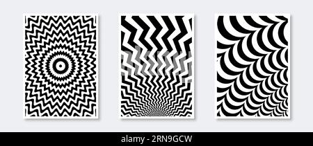 Collection d'affiches Sunburst et Waves. Jeu d'éléments de rayons solaires ondulés. Modèles de vagues monochromes noir et blanc pour couverture, bannière, invitation, flyer. Pack de papier peint art abstrait. Illustration vectorielle Illustration de Vecteur