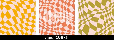 Groovy checkerboard background set. Retro wavy checkered pattern collection. Vintage psychedelic distorted gingham wallpaper bundle. Funky twisted cage backdrop in 60s, 70s, 80s style. Vector pack  Stock Vector