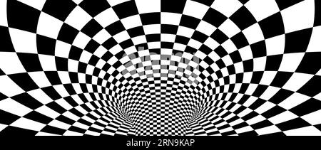 Abstract hypnotic warp checkered background. Black and white check wallpaper. Psychedelic twisted square pattern. Rotating template for posters, banners, cover. Vector optical illusion Stock Vector