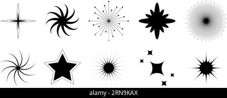 Plusieurs clignotements et scintillements sont définis. Collection rétro bling stars. Pack effet brillant noir abstrait. Éléments de conception pour affiche, bannière, logo, carte, icône, étiquette, collage. Faisceau vectoriel Illustration de Vecteur