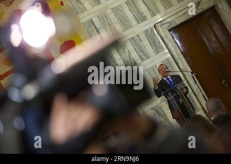 (151213) -- ROME, Dec. 13, 2015 -- The UN Secretary-General for Libya Martin Kobler speaks during a joint press conference with U.S. Secretary of State John Kerry and Italian Foreign Minister Paolo Gentiloni (not in picture) after the International Conference on Libya in Rome, Italy, on Dec. 13, 2015. Representatives of the international community at a Rome conference on Libya endorsed on Sunday a UN-backed deal aimed at bringing Libyan rival factions to a unity government. ) ITALY-ROME-US-UN-CONFERENCE-LIBYA-BRIEFING JinxYu PUBLICATIONxNOTxINxCHN   151213 Rome DEC 13 2015 The UN Secretary Gen Stock Photo