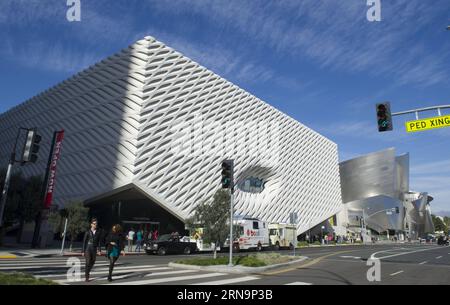 (151214) -- LOS ANGELES, Dec. 14, 2015 -- Photo taken on Dec. 13, 2015 shows the exterior of the Broad in Los Angeles, the United States. The Broad is a new contemporary art museum founded by philanthropists Eli and Edythe Broad on Grand Avenue in downtown Los Angeles. The museum is home to the 2,000 works of art in the Broad collection, which is among the most prominent holdings of postwar and contemporary art worldwide. With its innovative veil-and-vault concept, the 120,000-square-foot, 140-million U.S. dollars building features two floors of gallery space to showcase the Broad s comprehens Stock Photo