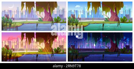 Swamp in city park with reed and grass cartoon day time set. Water pond near metal fence at night, sunset and dawn environment nature scenery. Nobody Stock Vector