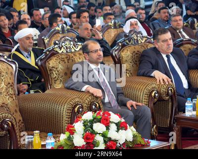 (151222) -- BAGHDAD, Dec. 22, 2015 -- Iraqi Parliament Speaker Salim al-Jubouri (C) and other officials attend the celebrations in the Abu Hanifa mosque in the Adhamiya district north of Baghdad, Iraq, on Dec. 22, 2015, to celebrate the birthday of the Prophet Muhammad. Prophet Muhammad s birthday is observed by Sunni Muslims on the 12th of Rabi Al-Awwal, the third month in the Islamic lunar calendar, or on the 17th of the same month by Shiite Muslims. ) IRAQ-BAGHDAD-CELEBRATION KhalilxDawood PUBLICATIONxNOTxINxCHN   151222 Baghdad DEC 22 2015 Iraqi Parliament Speaker Salim Al Jubouri C and Ot Stock Photo