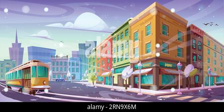 Winter city street with retro tram. Vector cartoon illustration of snowy weather in old European downtown, bookstore on corner, vintage lanterns and t Stock Vector