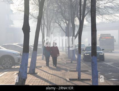 (151230) -- HARBIN, Dec. 30, 2015 -- People walk on smog-shrouded road in Harbin, capital of northeast China s Heilongjiang Province, Dec. 30, 2015. Heavy smog hit the city on Wednesday. ) (ry) CHINA-HEILONGJIANG-HARBIN-SMOG (CN) XuxZheng PUBLICATIONxNOTxINxCHN   151230 Harbin DEC 30 2015 Celebrities Walk ON Smog shrouded Road in Harbin Capital of Northeast China S Heilongjiang Province DEC 30 2015 Heavy Smog Hit The City ON Wednesday Ry China Heilongjiang Harbin Smog CN XuxZheng PUBLICATIONxNOTxINxCHN Banque D'Images