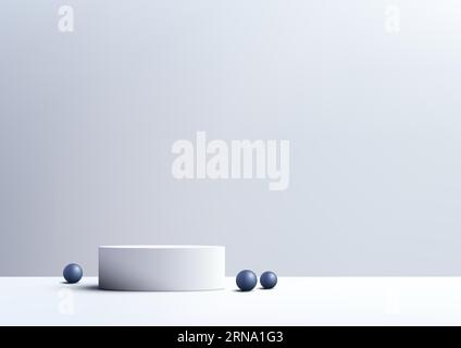 3D de podium blanc vide avec des boules bleues sur un fond blanc est parfait pour les affichages de produits minimalistes, les maquettes et les showrooms. Illustration vectorielle Illustration de Vecteur