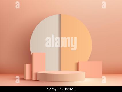 3D pink podium with circle backdrop and geometric elements is a modern and minimalist design perfect for product display. Vector illustration Stock Vector