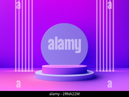 3D illustration. Featuring blue and purple podium steps on a pink floor, accentuated by stylish neon lights, this modern vector mockup is perfect for Illustration de Vecteur