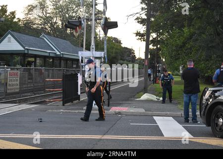 Fair Lawn, États-Unis. 31 août 2023. La feuille couvre le corps sur la scène de crime. Accident mortel entre train et piéton à Fair Lawn . Une personne a été déclarée décédée sur les lieux après avoir été frappée par un train de transport en commun du New Jersey, jeudi soir vers 7:00 h, heure de l'est, à la gare de Radburn située à l'intersection de Pollit Drive et Fair Lawn Avenue. Des chaussures pouvaient être vues sur les voies ferrées et un drap couvrant le corps de la victime a également été vu sur les lieux du crime. (Photo de Kyle Mazza/SOPA Images/Sipa USA) crédit : SIPA USA/Alamy Live News Banque D'Images