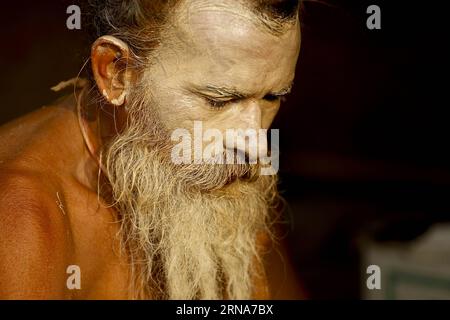 Un Sadhu met de la cendre sur son visage au temple Pashupatinath à Katmandou, Népal, le 10 janvier 2016. Les Sadhus sont connus sous le nom de Baba, Sannyasi (renoncants) qui ont laissé derrière eux tous les attachements matériels et vivent dans des temples, des forêts ou des grottes.) NÉPAL-KATMANDOU-VIE QUOTIDIENNE-SADHU PratapxThapa PUBLICATIONxNOTxINxCHN un Sadhu met des cendres SUR son visage AU temple Pashupatinath À Katmandou Népal Jan 10 2016 les Sadhus sont connus comme Baba RENUNCIATES qui ont laissé derrière eux tous les accessoires matériels et vivent dans la forêt de temples ou grottes Népal Katmandou vie quotidienne Sadhu Pratapa Pratapa la vie quotidienne Thapa PuxIONXNOXNOXNoting Banque D'Images