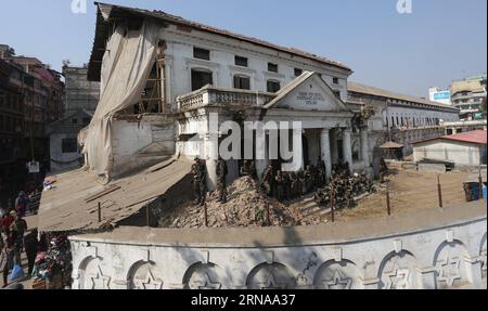 (160116) -- KATHMANDU, Jan. 16, 2016 -- Army personnel stand guard during the launching ceremony of a reconstruction program at Ranipokhari in Kathmandu, Nepal, Jan. 16, 2016. A national reconstruction mega-campaign was formally launched in Nepal on Saturday, nine months after the April 25 massive earthquakes and aftershocks which left hundreds of thousands people homeless and millions of houses damaged. The program was also organized to mark the 18th Earthquake Safety Day in commemoration of the devastation caused by 1934 Nepal-Bihar earthquake. )(azp) NEPAL-KATHMANDU-RECONSTRUCTION CAMPAIGN- Stock Photo