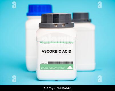 Ascorbic acid, also known as vitamin C, is an antioxidant commonly used in fruit juices, jams, and other processed foods. It is typically used in a po Stock Photo