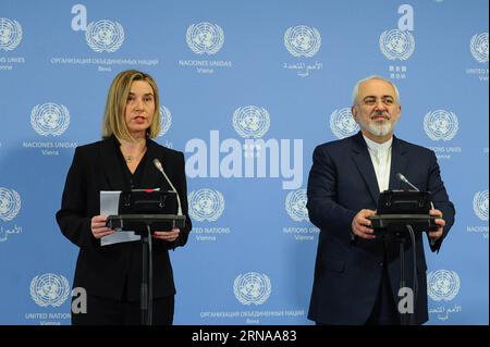 Iranian Foreign Minister Mohammad Javad Zarif(R) and European Union (EU) foreign policy chief Federica Mogherini attend a press conference in Vienna, Austria, on Jan. 16, 2015. The European Union (EU) and Iran on Saturday night jointly announced the implementation day of the historic nuclear deal after the International Atomic Energy Agency (IAEA) confirmed all the preparation steps have been completed by Tehran. ) AUSTRIA-VIENNA-EU-IRAN-NUCLEAR DEAL IMPLEMENTATION QianxYi PUBLICATIONxNOTxINxCHN   Iranian Foreign Ministers Mohammad Javad Zarif r and European Union EU Foreign Policy Chief Feder Stock Photo