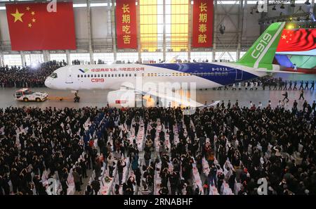 Photo taken on Nov. 2, 2015 shows the C919, China s first homemade large passenger aircraft, at a plant of Commercial Aircraft Corporation of China, Ltd. COMAC, in Shanghai, east China. China s economy grew by 6.9 percent in 2015.  wf CHINA-GDP GROWTH-6.9 PERCENT CN PeixXin PUBLICATIONxNOTxINxCHN Stock Photo