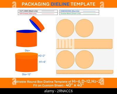 Grande boîte ronde, couvercle rond modèle de ligne de matrice de boîte cadeau avec la dimension H1 6, D 12, H2 2 pouces Illustration de Vecteur