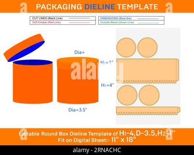 Modèles de boîte pour chapeau rond, couvercle rond boîte cadeau Dieline avec la dimension H1 4, D3.5, H2 1 pouces Illustration de Vecteur