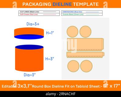 Boîte de Noël, modèle de ligne de découpe de boîte cadeau à couvercle rond avec la dimension H1 3, D 3, H2 1 pouces Illustration de Vecteur