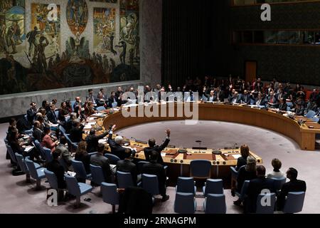 Themen der Woche Bilder des Tages Sitzung des un-Sicherheitsrats zum Friedensprozess in Kolumbien (160125) -- NATIONS UNIES, 25 janvier 2016 -- photo prise le 25 janvier 2016 montre que le Conseil de sécurité des Nations Unies adopte une résolution pour établir une mission de surveillance du processus de paix en cours en Colombie, qui vise à mettre fin au conflit de 50 ans entre le gouvernement et les guérilleros des Forces armées révolutionnaires de Colombie (FARC), au siège de l'ONU à New York. CONSEIL DE SÉCURITÉ ONU-COLOMBIE-FARC LixMuzi PUBLICATIONxNOTxINxCHN sujets la semaine Images la journée rencontre la sécurité des Nations Unies Banque D'Images