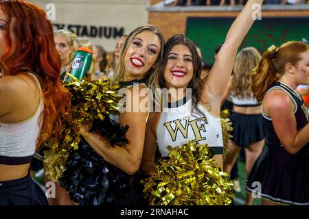 Winston-Salem, NC, USA. 31st Aug, 2023. Wake Forest cheerleaders pose after their team's win vs Elon. (Credit Image: © Josh Brown/ZUMA Press Wire) EDITORIAL USAGE ONLY! Not for Commercial USAGE! Stock Photo