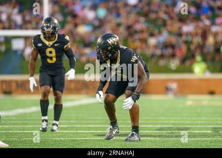 Winston-Salem, NC, USA. 31st Aug, 2023. Wake Forest defensive lineman KENDRON WAYMAN (5) lines up against Elon. (Credit Image: © Josh Brown/ZUMA Press Wire) EDITORIAL USAGE ONLY! Not for Commercial USAGE! Stock Photo