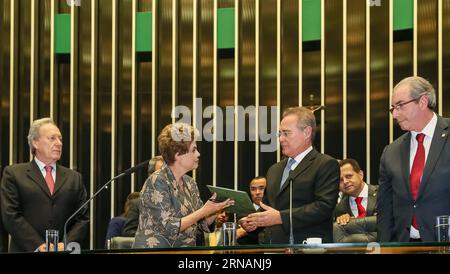 Image provided by Brazil s Presidency shows Brazilian President, Dilma Rousseff (2nd L), inaugurating the 2nd Ordinary Legislative Session of the 55th Legislature of National Congress, accompanied by the Presidents of Senate, Renan Calheiros (2nd R) and Chamber of Deputies, Eduardo Cunha (1st R), in Brasilia, Brazil, on Feb. 2, 2016. Brazil s Presidency) (jp) (sp) BRAZIL-BRASILIA-POLITICA-ROUSSEFF e BRAZILIANxPRESIDENCY PUBLICATIONxNOTxINxCHN   Image provided by Brazil S Presidency Shows Brazilian President Dilma Rousseff 2nd l inaugurating The 2nd Ordinary Legislature Session of The 55th Legi Stock Photo