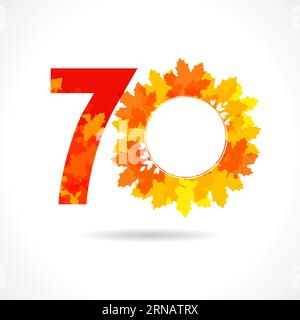 Numéro créatif 70. Concept de signe de vente d'automne. logo de 70 ans. icône du 70e anniversaire avec des feuilles d'automne. Symbole saisonnier rouge, jaune et orange Illustration de Vecteur