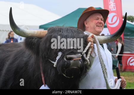 Weedon Park, Aylesbury, Buckinghamshire. ROYAUME-UNI. 31 août 2023 Un exposant de bétail attend d'aller dans le ring d'exposition au 154e Bucks County Show. Crédit photo : Tim Scrivener/Alamy Live News Banque D'Images